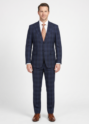 English Laundry Navy Tonal Plaid Slim Fit Peak Lapel Stretch Wool Blend Suit