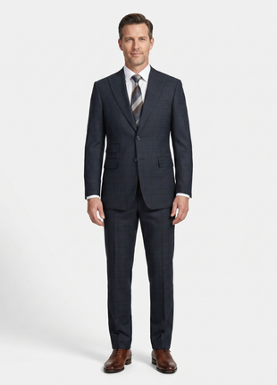 English Laundry Dark Navy Check Slim Fit Peak Lapel 2-Button Wool Suit