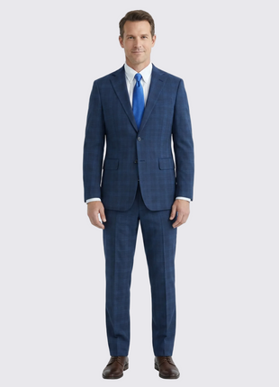 English Laundry Blue Plaid Slim Fit Notch Lapel Stretch Wool Blend 2 Button Suit