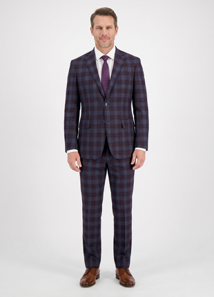 English Laundry Burgundy And Navy Plaid Slim Fit Notch Lapel Stretch Wool Suit