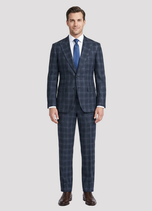 Raphael Mens Blue Windowpane Plaid Peak Lapel Slim Fit Stretch Wool Blend Suit