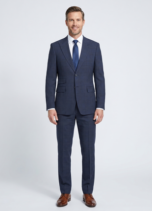 English Laundry Navy Windowpane Slim Fit Peak Lapel Wool Blend Stretch 2 Button Suit
