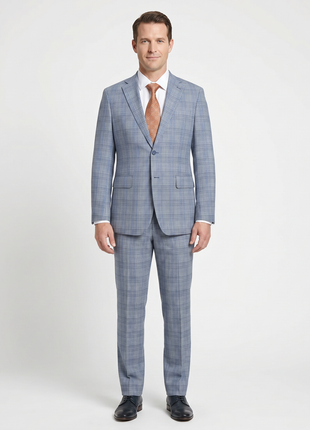 English Laundry Light Gray with Blue Check Slim Fit Notch Lapel Wool Blend 2 Button Suit
