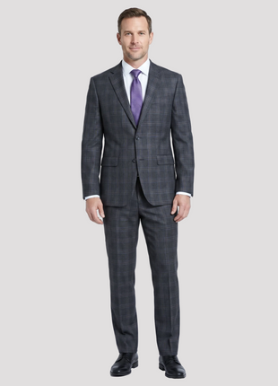 English Laundry Charcoal Gray Plaid Slim Fit Peak Lapel Wool Blend Stretch 2 Button Suit