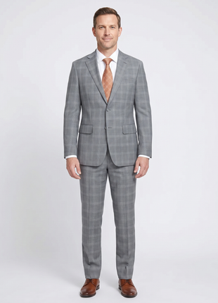 English Laundry Light Gray Plaid Slim Fit Notch Lapel Wool Blend Stretch 2 Button Suit