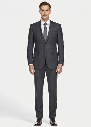 English Laundry Gray Tonal Plaid Slim Fit Peak Lapel Wool Blend 2 Button Suit
