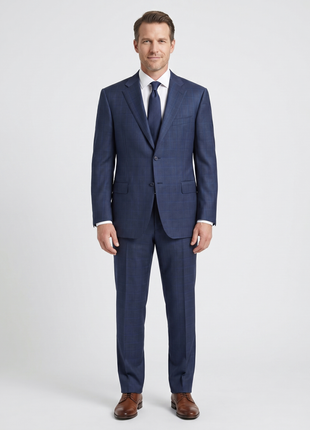 Canali Navy Blue Plaid Notch Lapel Classic Fit 100% Wool 2 Button Suit 48L
