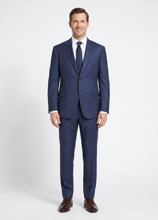 Canali Navy Blue Plaid Notch Lapel Classic Fit 100% Wool 2 Button Suit 44L