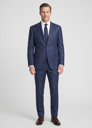 Canali Navy Blue Plaid Notch Lapel Classic Fit 100% Wool 2 Button Suit 44L