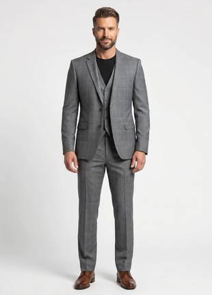 Raphael Gray Plaid Classic Fit Notch Lapel Two Button 3 Piece Suit