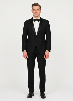 Raphael Solid Black Classic Fit With Black Satin Shawl Lapels Tuxedo Suit