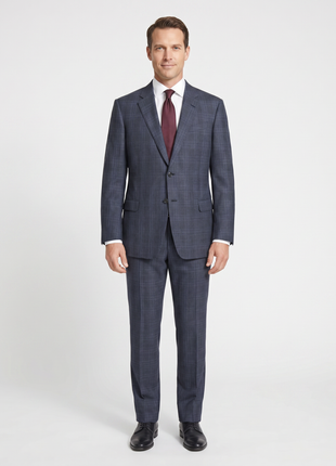 Armani Collezioni Navy Blue and Gray Check 100% Wool Notch Lapel 2 Button Suit 46R