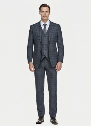 English Laundry Windowpane Blue Denim Style Slim Fit Notch Lapel Stretch 3-Piece Suit