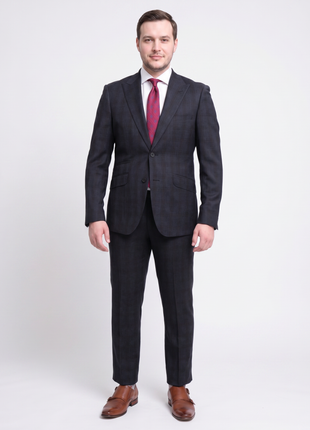 Ideal Slim Fit Blue And Red Plaid Two Button Wool Suit Peak Lapels