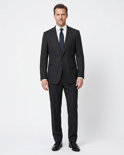 Armani Collezioni Black Pinstriped Notch Lapel Wool 2-Button Suit - 46R