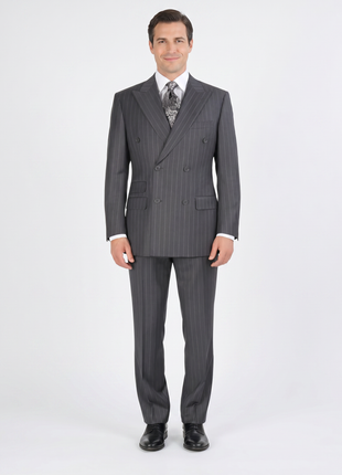 Apollo King Men's Double-Breasted Grey Pinstriped Peak Lapel Classic Fit 3-Piece Suit