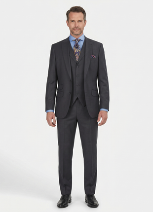 Apollo King Mens Charcoal Striped Peak Lapel Classic Fit 3-Piece Wool Suit