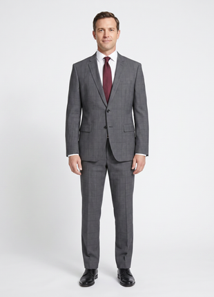 Hugo Boss Mens Gray Windowpane Notch Lapel Wool 2-Button Suit - 44R