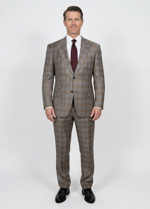 Beragamo Elegant Mens Beige With Light Blue Plaid Slim Fit Peak Lapel Wool 2 Button Suit