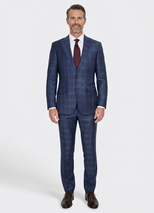 Beragamo Elegant Mens Blue With Burgundy Plaid Slim Fit Peak Lapel Wool 2 Button Suit
