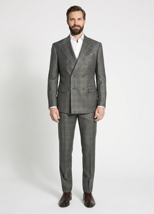 Beragamo Elegant Green With Blue Plaid Double Breasted Modern Fit Peak Lapel Wool 2 Button Suit