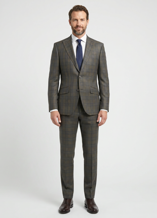Beragamo Elegant Mens Green With Blue Plaid Modern Fit Peak Lapel Wool 2 Button Suit