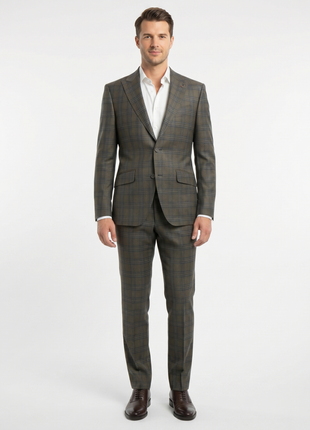 Beragamo Elegant Mens Green With Blue Plaid Slim Fit Peak Lapel Wool 2 Button Suit