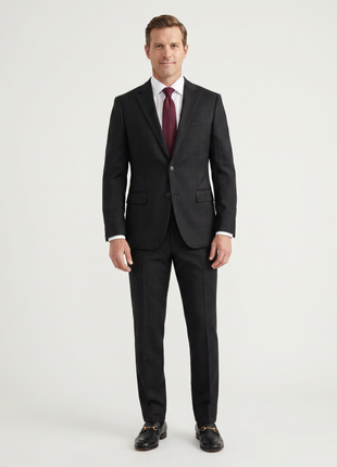 Beragamo Elegant Mens Black Subtle Windowpane Modern Fit Notch Lapel Wool 2 Button Suit