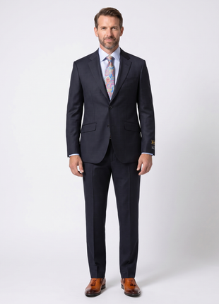 Beragamo Elegant Mens Navy Subtle Windowpane Modern Fit Notch Lapel Wool 2 Button Suit