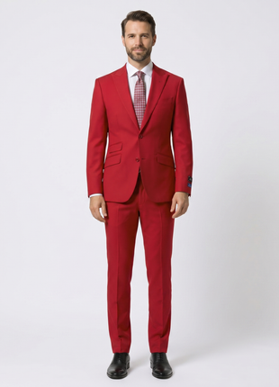 Beragamo Elegant Mens Solid Red Modern Fit Peak Lapel Wool 2 Button Suit