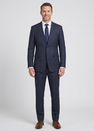 English Laundry Mens Navy Windowpane Plaid Slim Fit Notch Lapel 2 Button Wool Suit