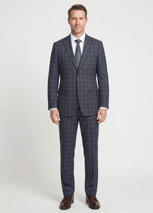 English Laundry Mens Navy Windowpane Slim Fit Notch Lapel 2 Button Stretch Suit