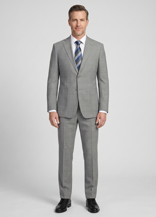 English Laundry Grey Windowpane Plaid Slim Fit Notch Lapel 2 Button Wool Suit