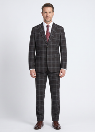 English Laundry Grey & Brown Windowpane Slim Fit Peak Lapel Two button Stretch Suit