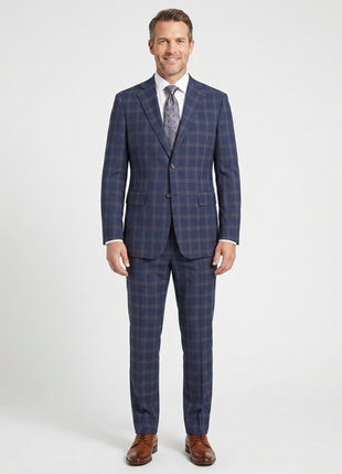 English Laundry Blue & Tan Windowpane Slim Fit Notch Lapel 2 Button Stretch Suit
