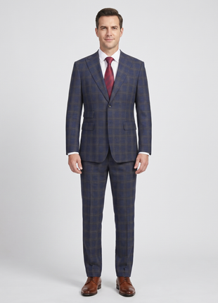 English Laundry Navy & Brown Windowpane Slim Fit Peak Lapel 2 Button Stretch Suit