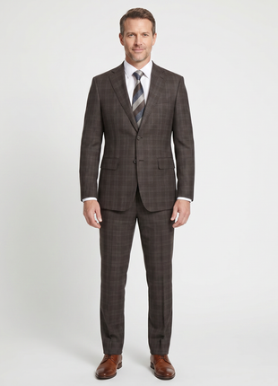 English Laundry Brown Tonal Plaid Slim Fit Peak Lapel 2-Button Wool Suit