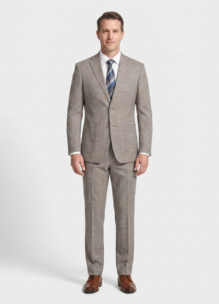 English Laundry Light Brown Check Slim Fit Notch Lapel 2 Button Stretch Suit With Patch Pockets