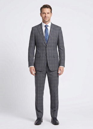 English Laundry Mens Gray & Blue Windowpane Slim Fit Notch Lapel 2 Button Stretch Suit