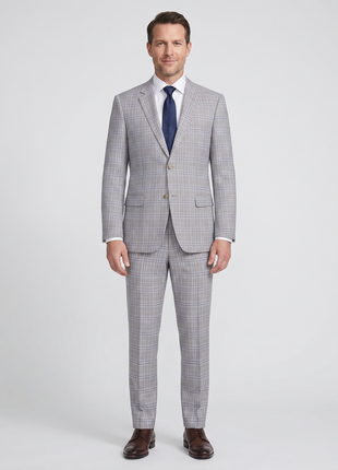 Raphael Mens Light Brown Windowpane Slim Fit Notch Lapel 2 Button Suit