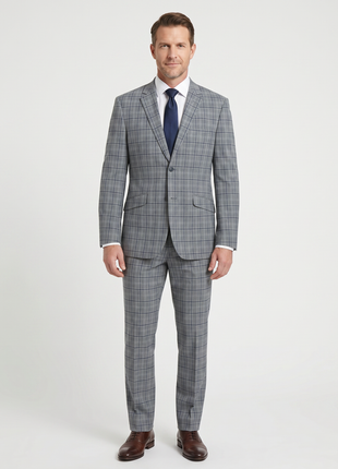 Raphael Mens Gray & Blue Windowpane Slim Fit Notch Lapel 2 Button Stretch Suit