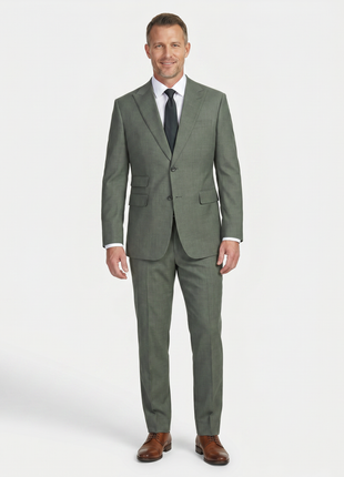 English Laundry Mens Olive Green Stripe Slim Fit Peak Lapel 2 Button Stretch Suit