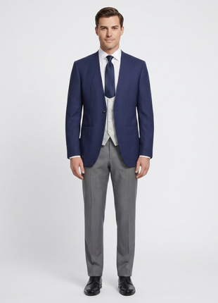 Corneliani Mens Navy Blue and Silver Mixed Pattern Fully-Canvassed No-Lapel Slim Fit 3-Piece Wool Suit - 38L
