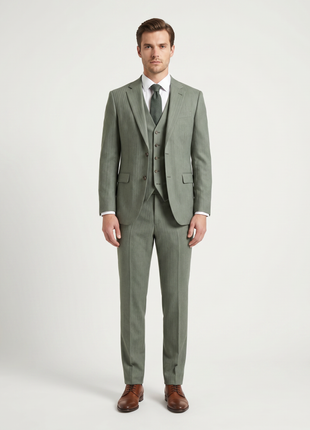 Beragamo Sage Green Herringbone Slim Fit Notch Lapel Stretch 3-Piece Suit