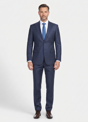 English Laundry Slim Fit Two Button Gray Blue Wool Peak Lapel Suit