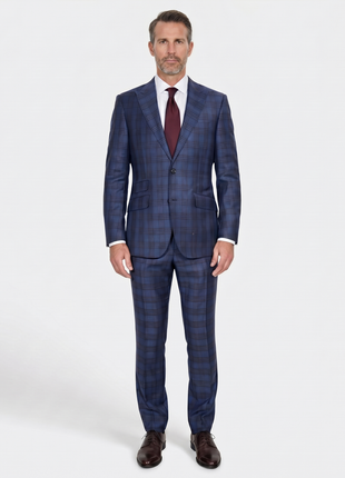 Beragamo Elegant Mens Blue With Burgundy Plaid Modern Fit Peak Lapel Wool 2 Button Suit