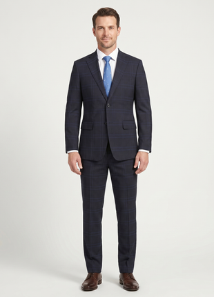 English Laundry Mens Navy Windowpane Slim Fit Notch Lapel 2 Button Stretch Suit
