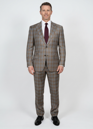 Beragamo Elegant Mens Beige With Light Blue Plaid Modern Fit Peak Lapel Wool 2 Button Suit