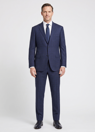 Canali Navy Blue Windowpane Plaid Notch Lapel 100% Wool 2 Button Suit 44L