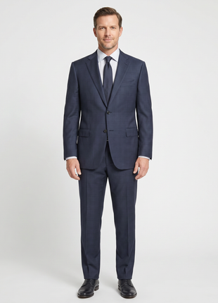 Canali Navy Blue Windowpane 100% Wool 2 Button Suit 44R